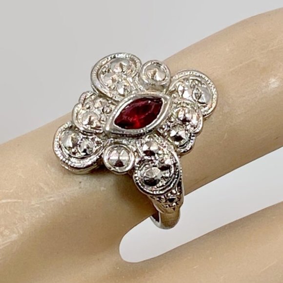Ornate Ring, Red, Sterling Silver, Vintage, Size 7 1/2, Faux Garnet, Art Nouveau - Picture 2 of 6